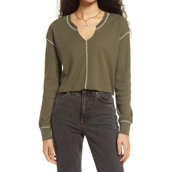 Bp thermal long sleeve BNWOT green top sz XSmall womens split neck - Picture 1 of 6